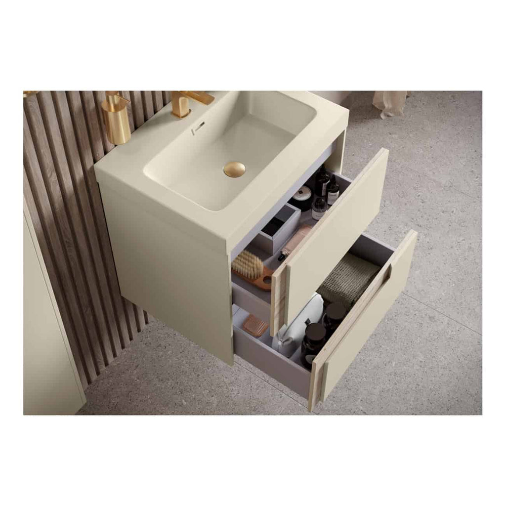 Sleek modern bathroom vanity with integrated sink, in an elegant cream finish, featuring open storage drawers for toiletries and accessories, perfect for contemporary bathroom design.