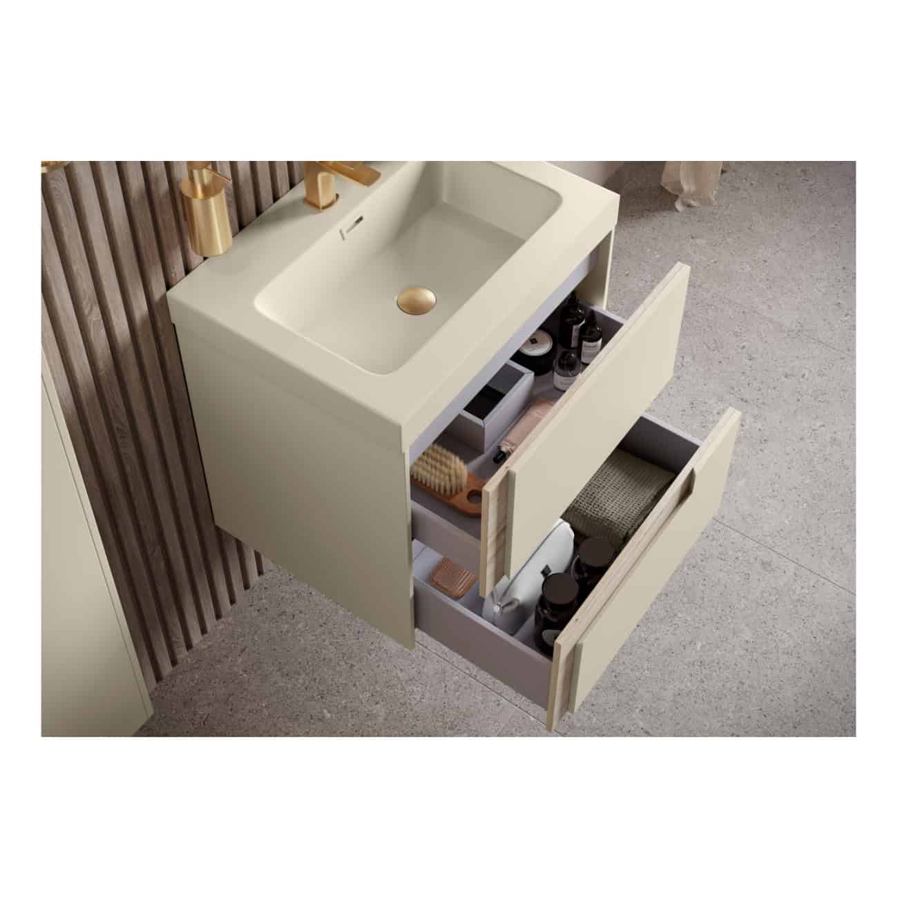 Sleek modern bathroom vanity with integrated sink, in an elegant cream finish, featuring open storage drawers for toiletries and accessories, perfect for contemporary bathroom design.