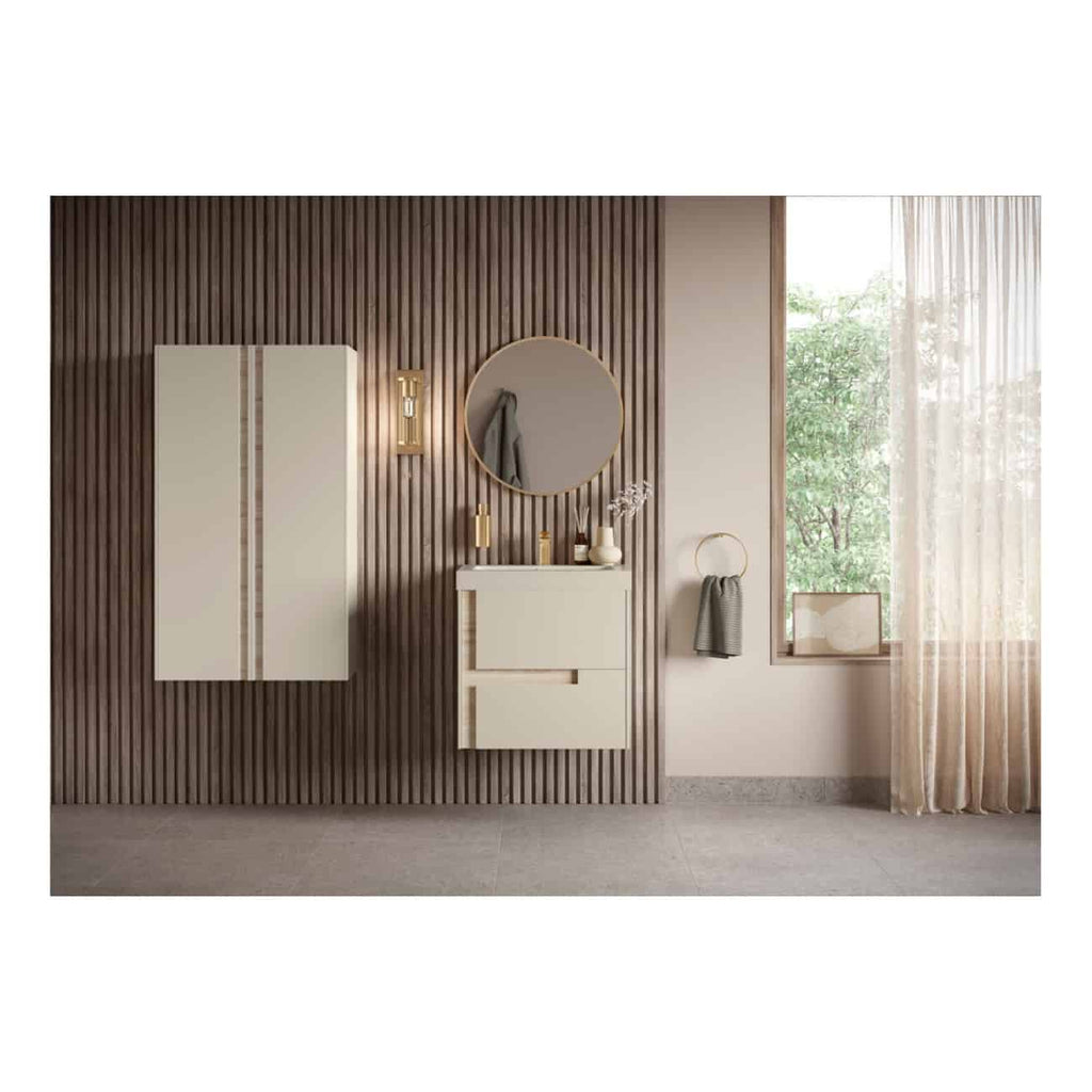 Modern bathroom vanity set with sleek cream finish, wall-mounted cabinet and round mirror, set against a stylish wood-paneled accent wall with natural light from large window.