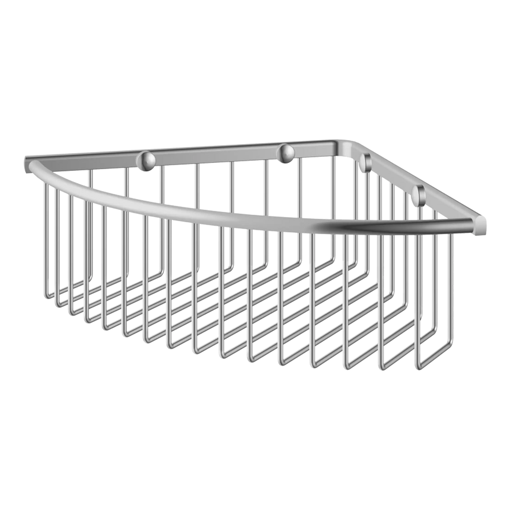 Shower corner basket stainless steel bathroom storage solution for toiletries and shower essentials.