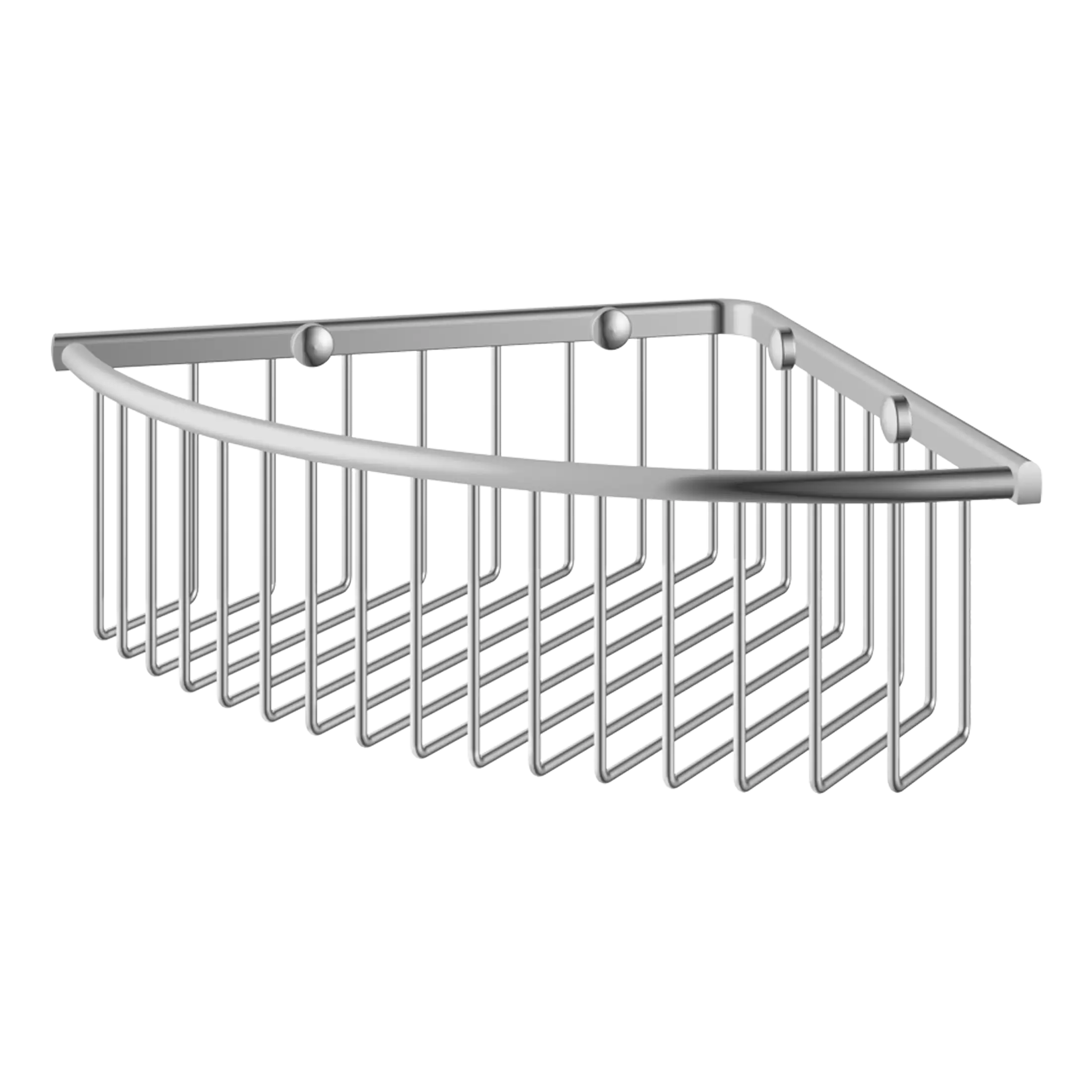 Shower corner basket stainless steel bathroom storage solution for toiletries and shower essentials.