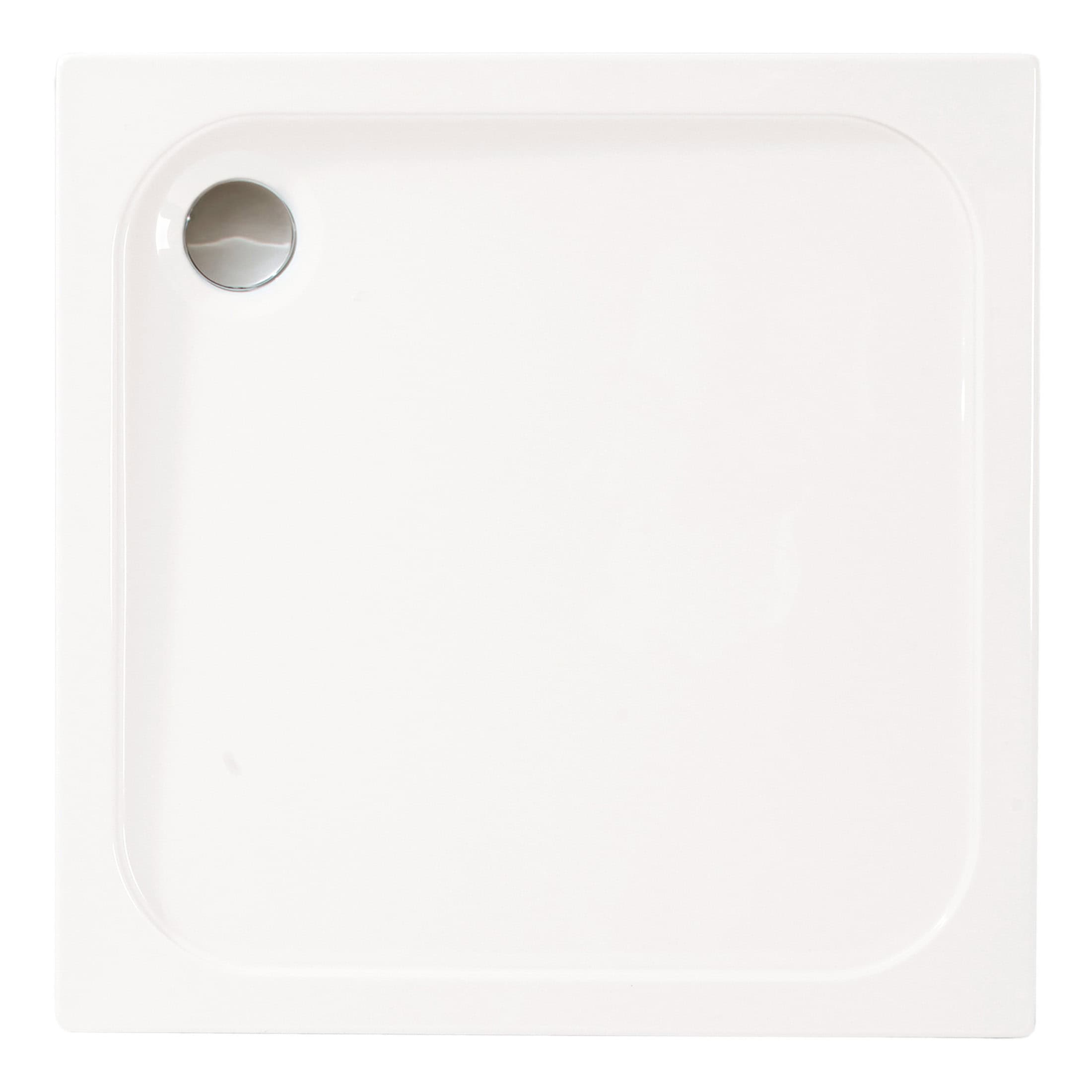 Flush mounted shower tray, white acrylic with a modern design for bathroom renovations. Spacious choice for enhancing shower area with easy cleaning and durability.