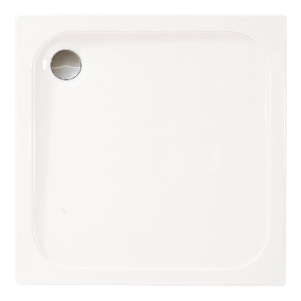 Flush mounted shower tray, white acrylic with a modern design for bathroom renovations. Spacious choice for enhancing shower area with easy cleaning and durability.