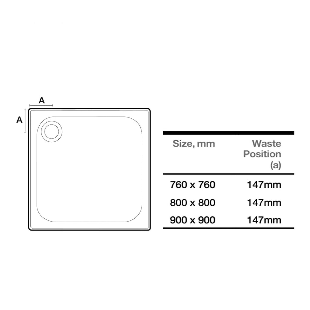 High-quality shower tray dimensions and waste positions, suitable for modern bathroom designs with various sizes such as 760x760mm, 800x800mm, and 900x900mm, ensuring optimal space utilisation.
