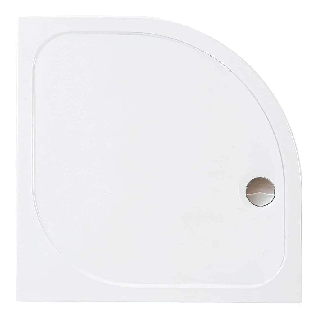 Sleek white shower tray with rounded corner, perfect for modern bathroom designs and easy to install. Made from durable, high-quality materials for long-lasting use and a stylish look.