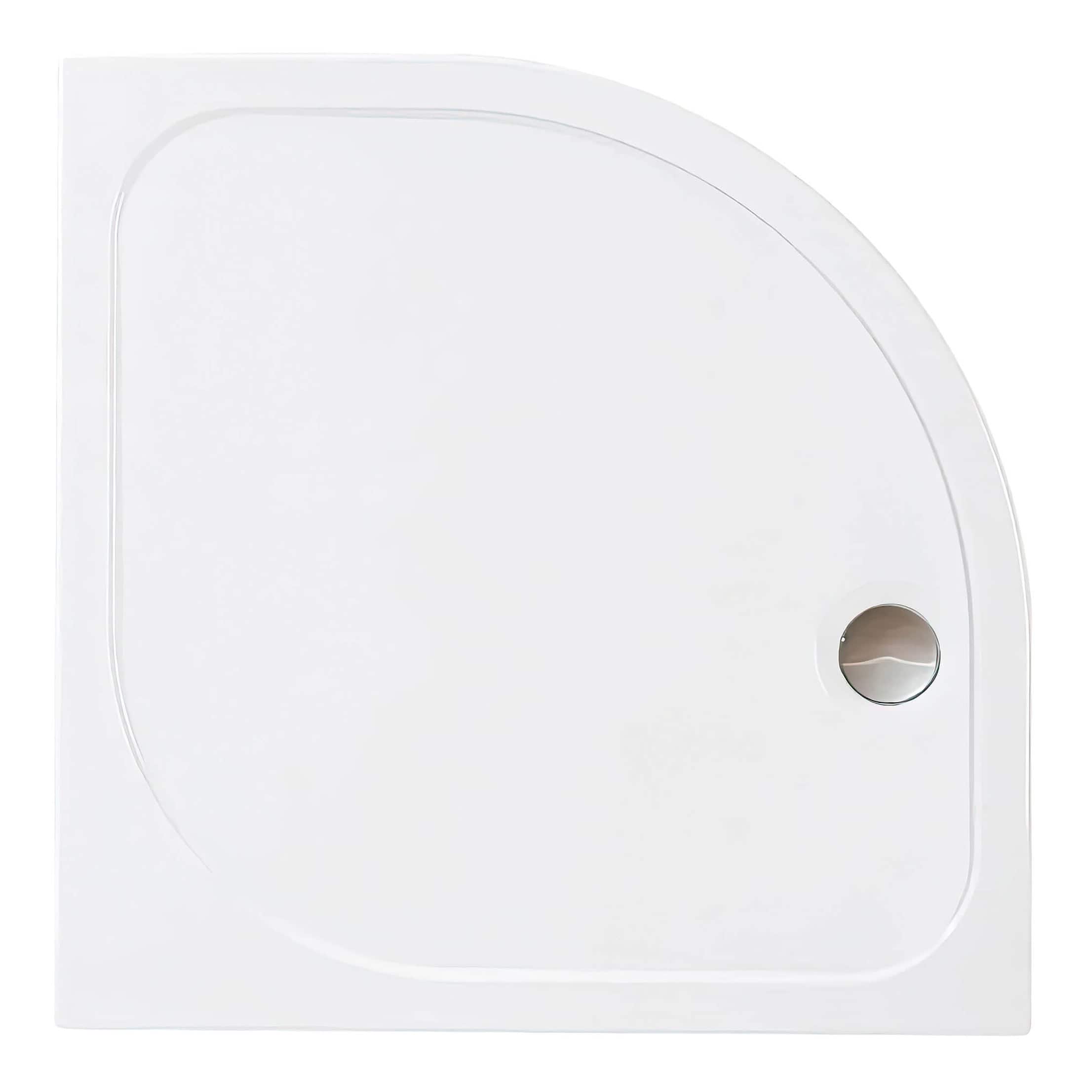 Sleek white shower tray with rounded corner, perfect for modern bathroom designs and easy to install. Made from durable, high-quality materials for long-lasting use and a stylish look.