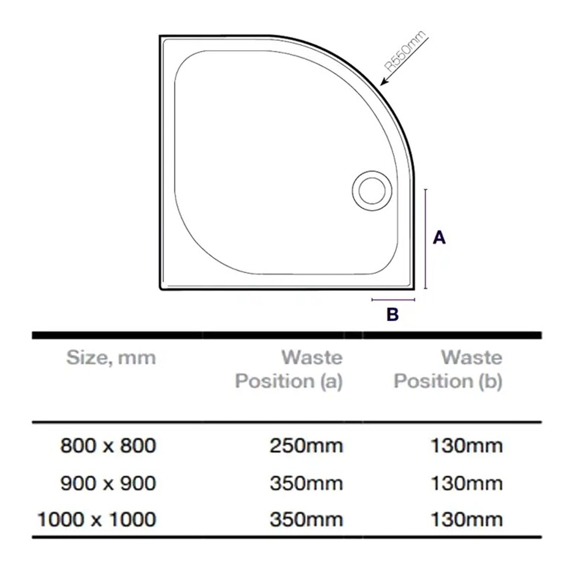 Modern corner shower tray with detailed measurements and waste positions, ideal for contemporary bathroom designs. Perfect for optimizing space and functionality.