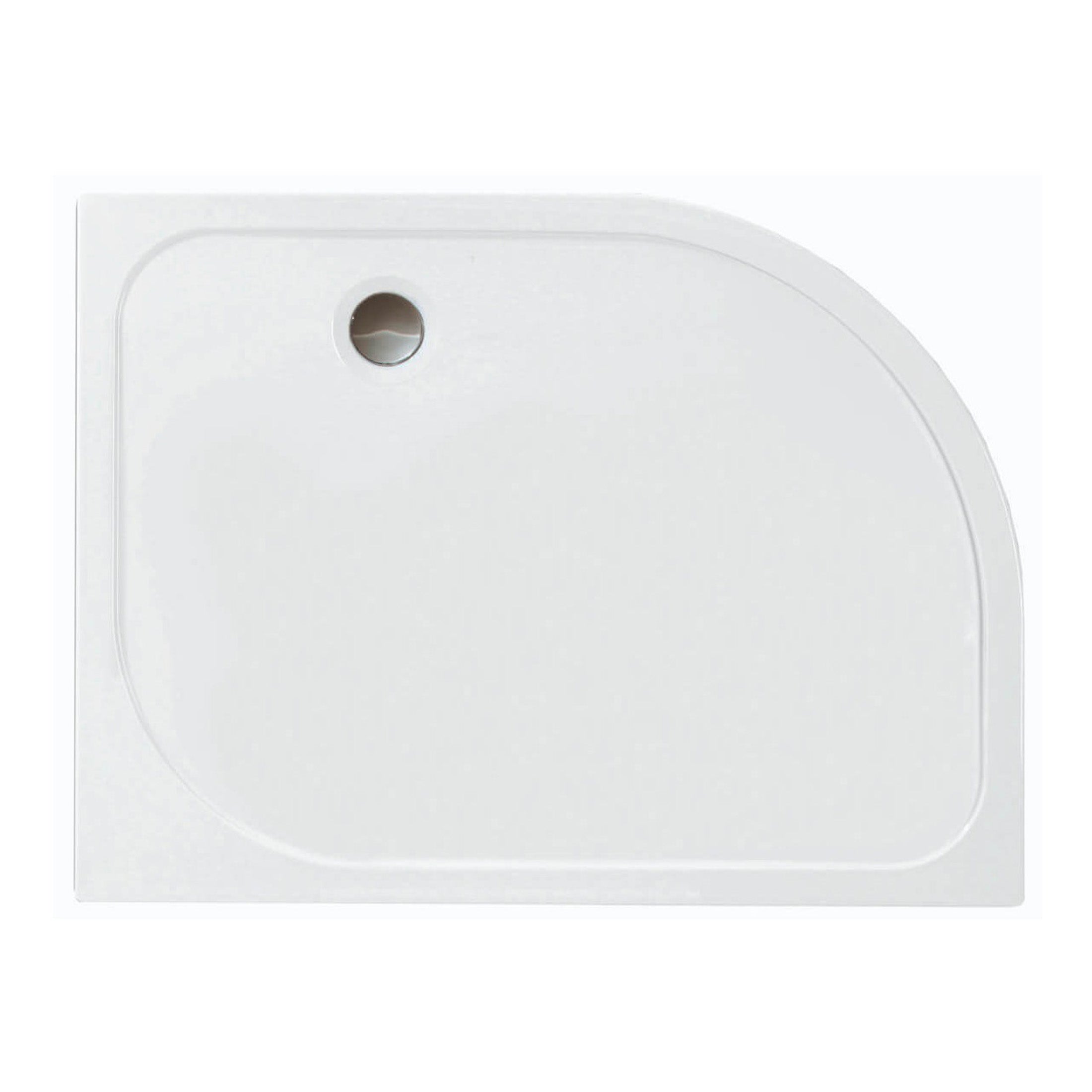 Sleek white bathroom shower tray with rounded edge design, ideal for modern bathroom installations and accessible shower setups. Perfect for creating a clean, minimalist look.