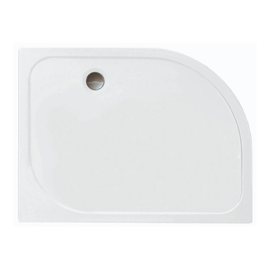 Sleek white bathroom shower tray with rounded edge design, ideal for modern bathroom installations and accessible shower setups. Perfect for creating a clean, minimalist look.