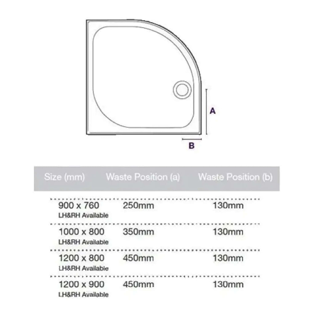 Modern shower tray with detailed dimensions, waste positions, and available sizes for Bubly Bathrooms. Perfect for bathroom renovation and installation of quality shower enclosures.