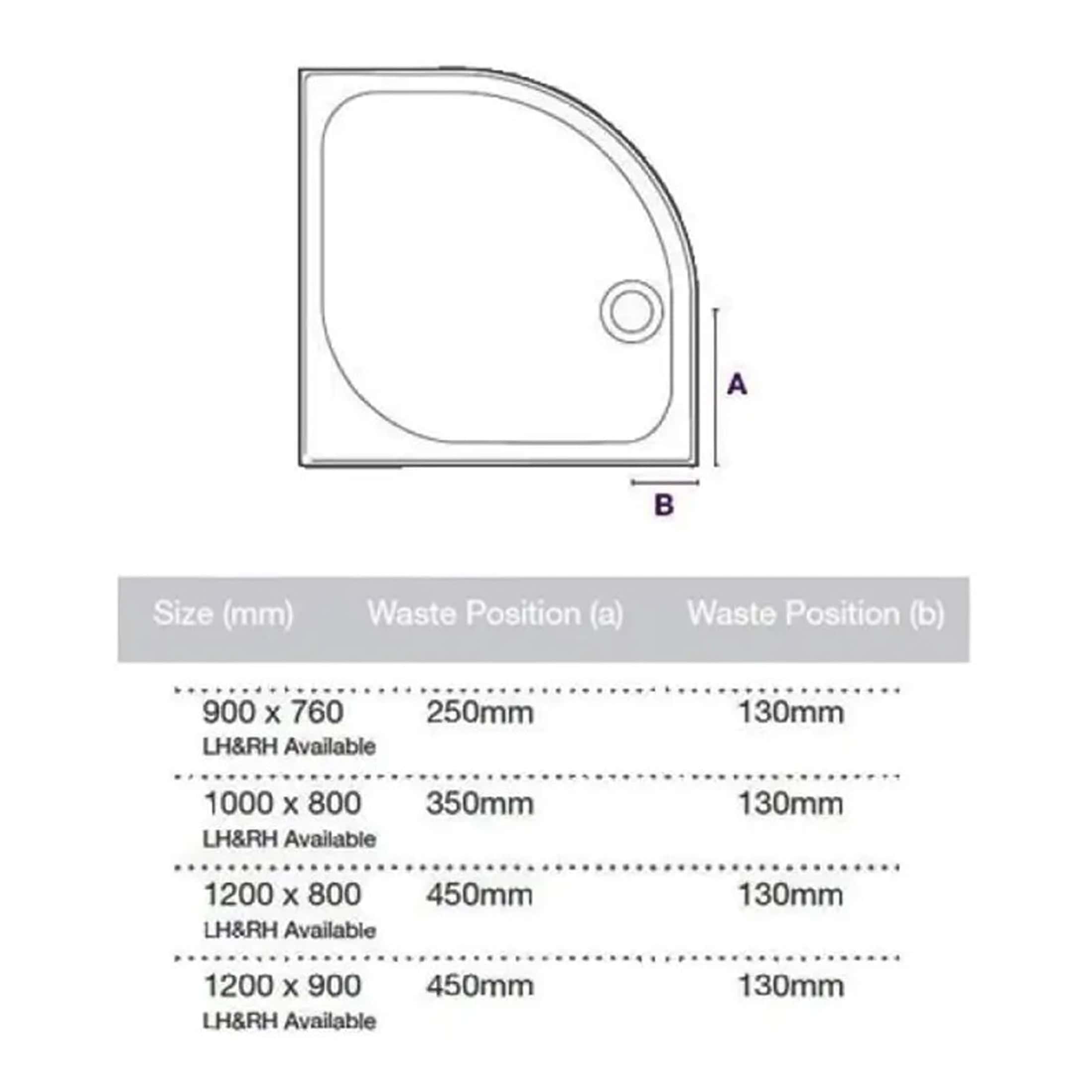 Modern shower tray with detailed dimensions, waste positions, and available sizes for Bubly Bathrooms. Perfect for bathroom renovation and installation of quality shower enclosures.