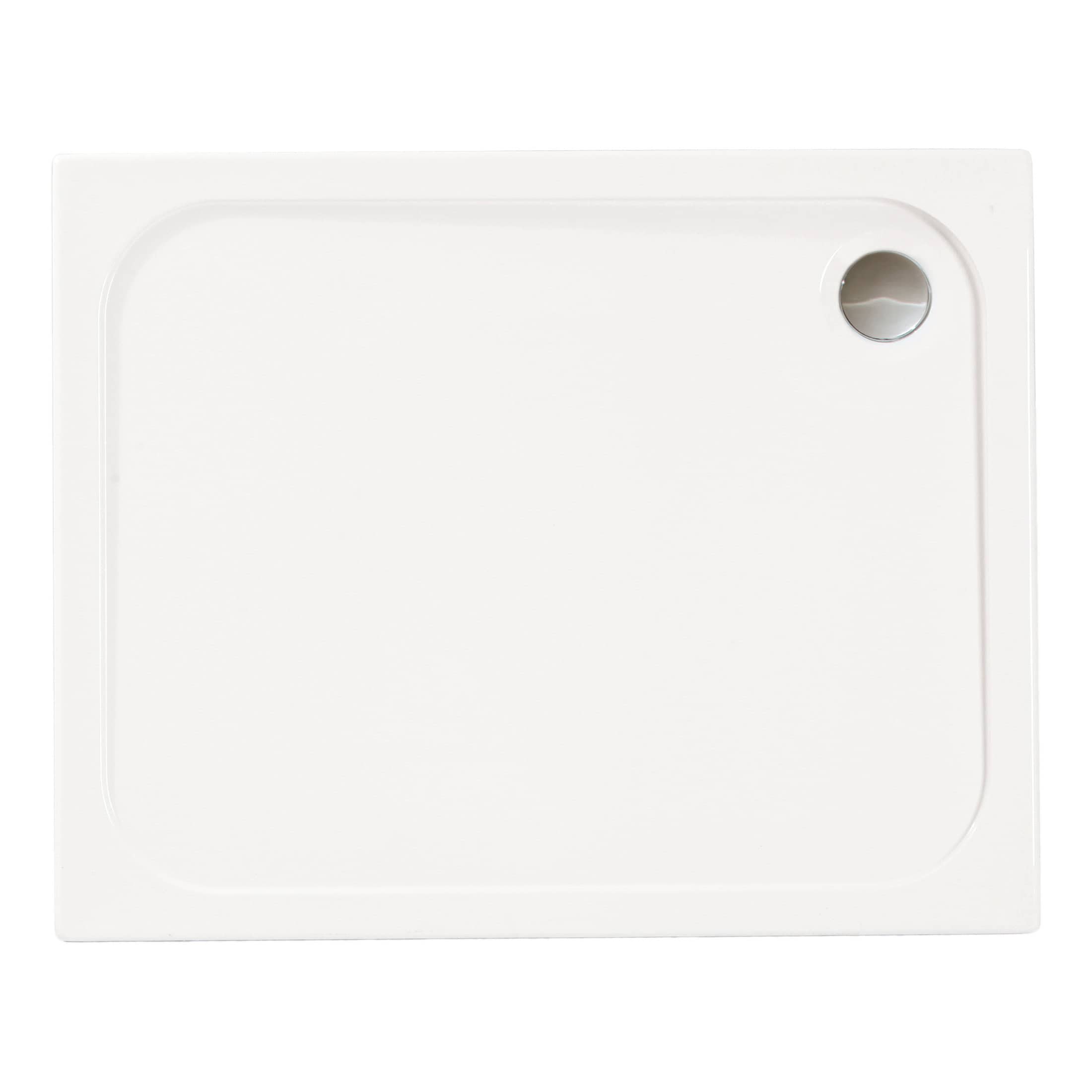 Light white modern shower tray with drain hole, ideal for bathroom replacement and renovation projects, designed by Bubly Bathrooms for durable and stylish shower space.