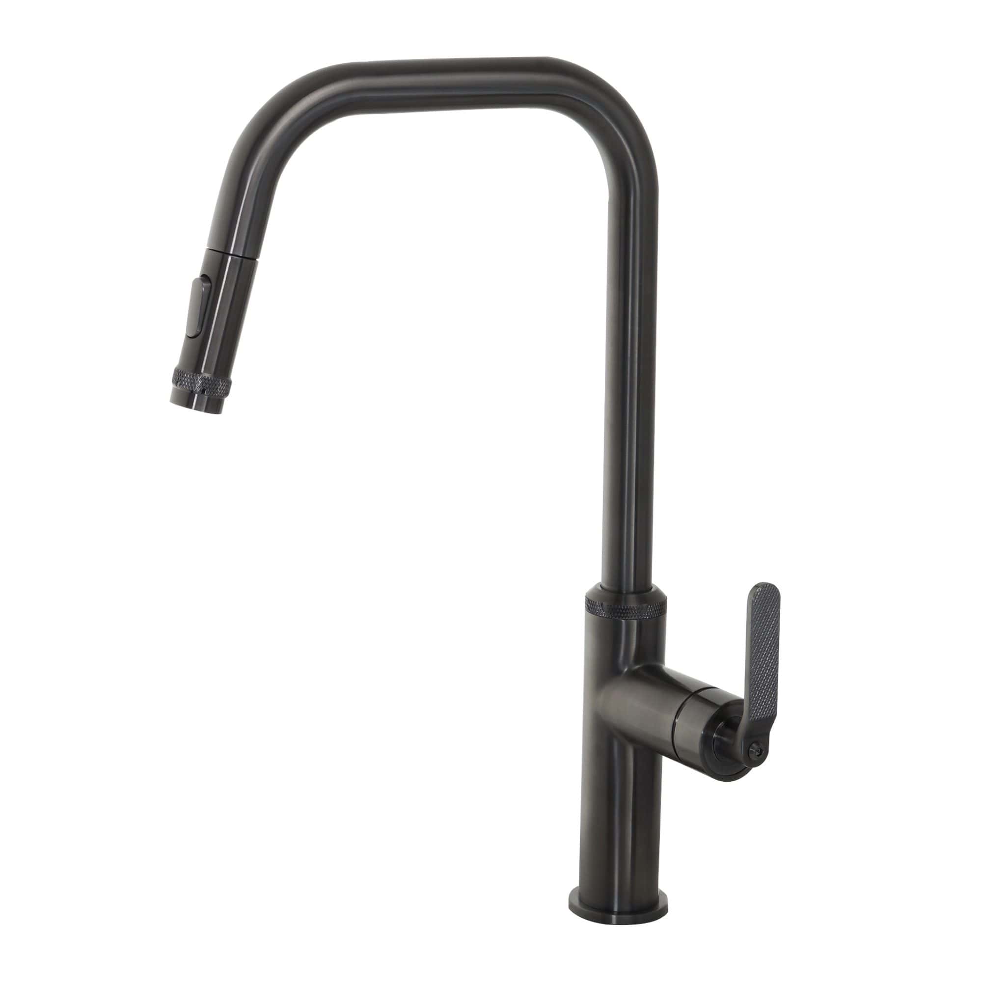 Sleek black kitchen sink tap with modern curved design, pull-down spray head and single lever control, perfect for contemporary bathrooms and kitchens.