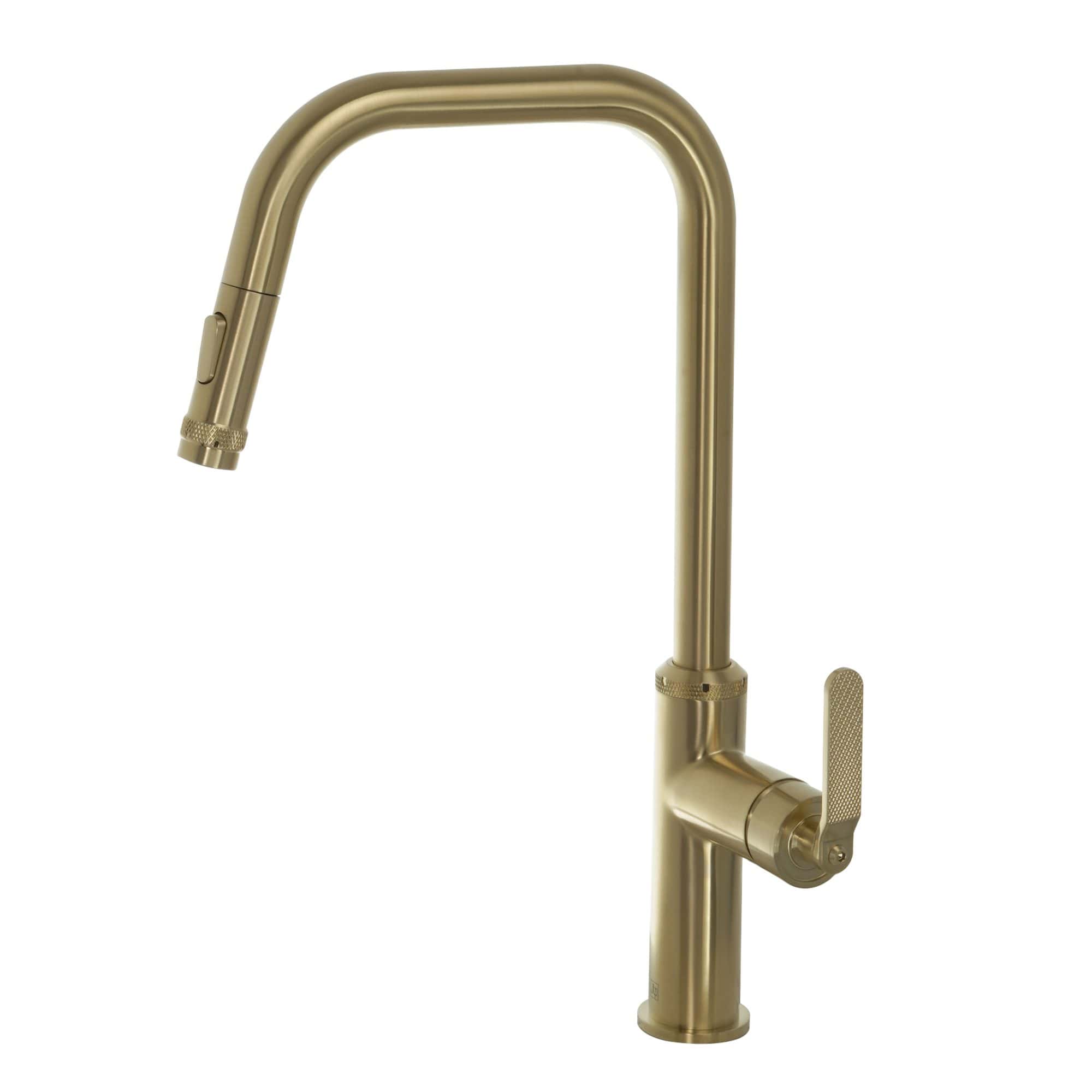 Brass modern kitchen tap with a curved spout and single lever handle, suitable for contemporary bathroom or kitchen design. High-quality construction and stylish appearance from Bubly Bathrooms.