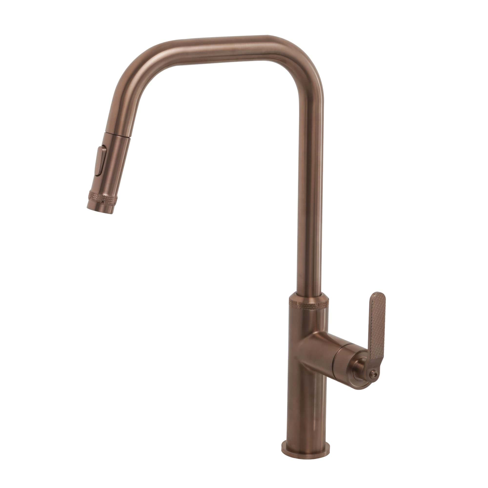 Sleek copper kitchen or bathroom tap with high-arc spout and single lever handle, modern design, perfect for contemporary kitchens or bathrooms.