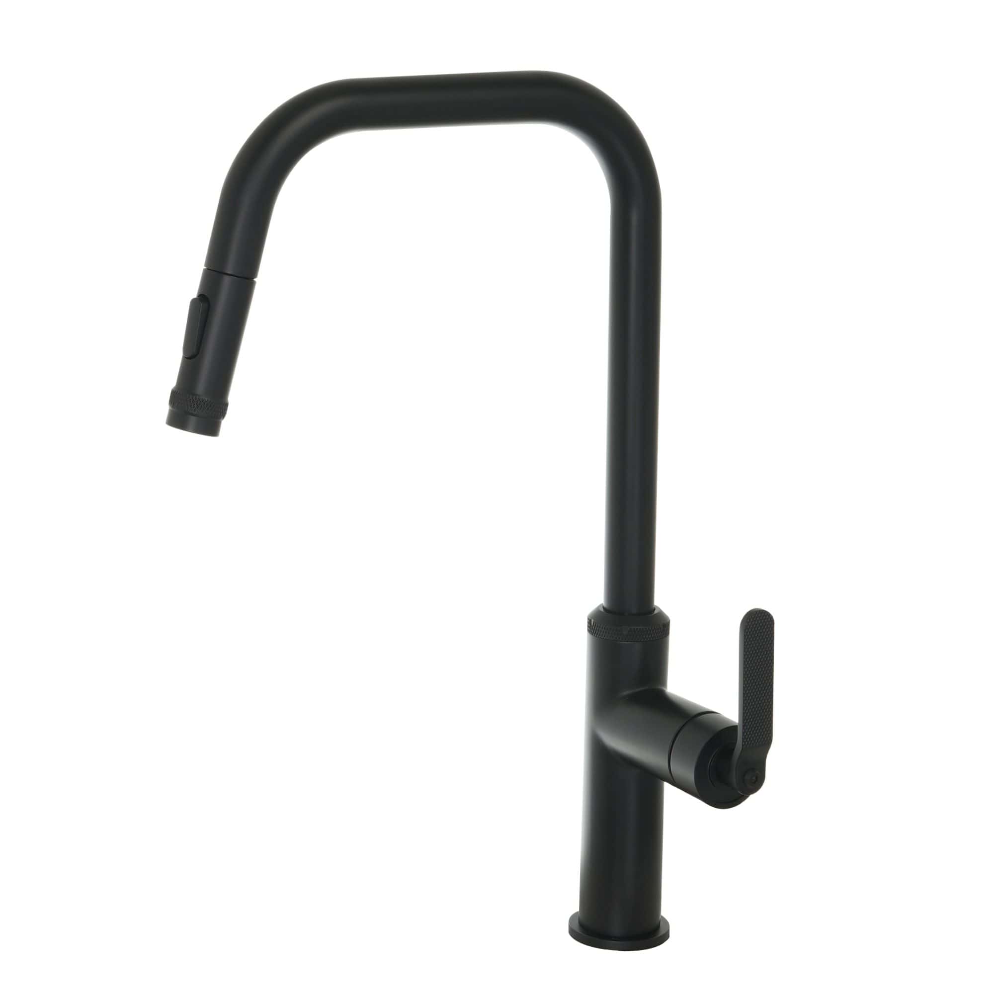 Sleek matte black kitchen tap with modern design, pull-out spout and single lever handle, perfect for contemporary bathroom or kitchen sinks.
