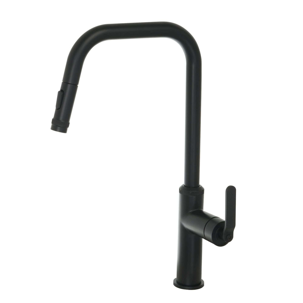 Sleek matte black kitchen tap with modern design, pull-out spout and single lever handle, perfect for contemporary bathroom or kitchen sinks.