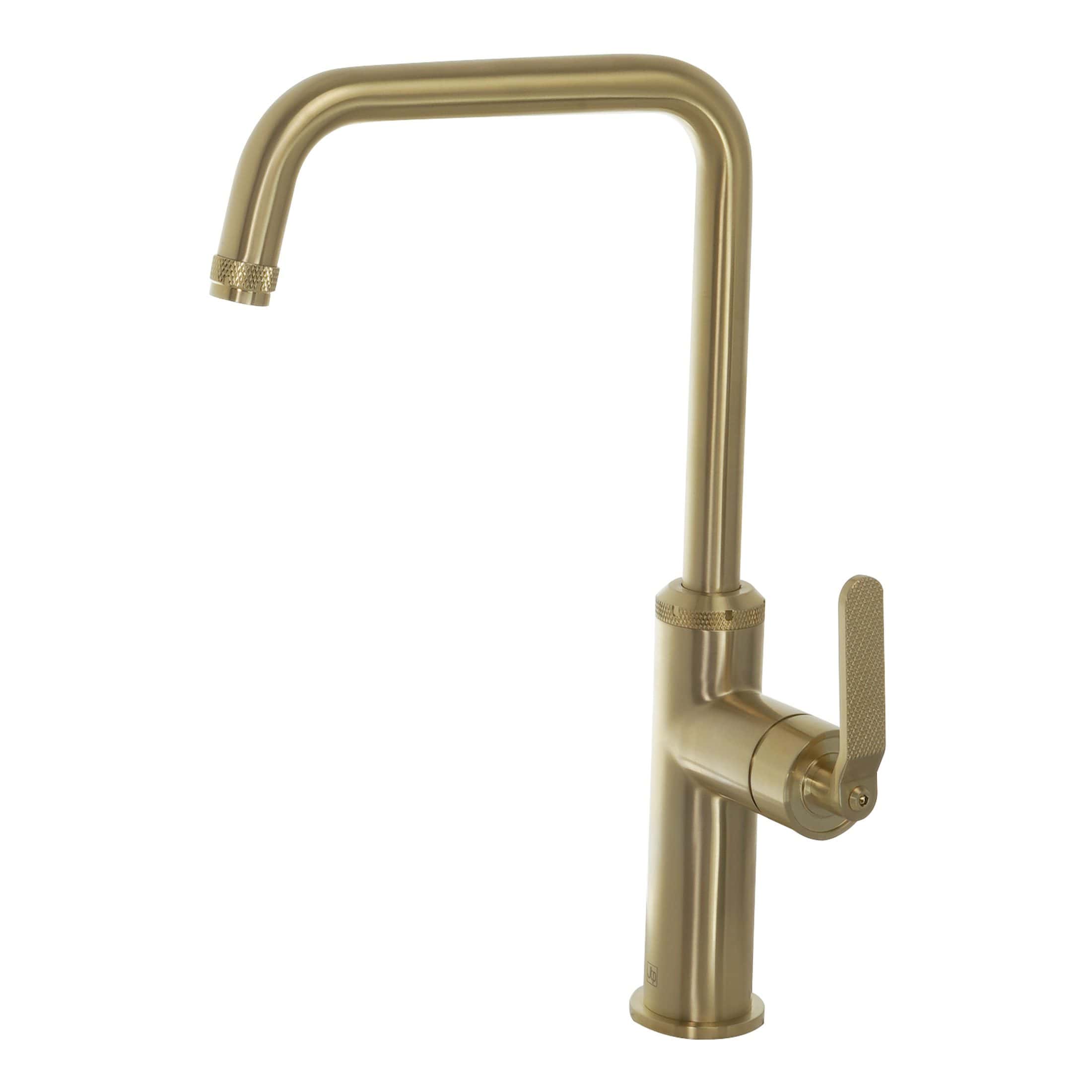 Brass kitchen mixer tap with high-arc spout and modern design, ideal for contemporary bathroom or kitchen renovations. Durable, stylish, and perfect for hot and cold water supply.