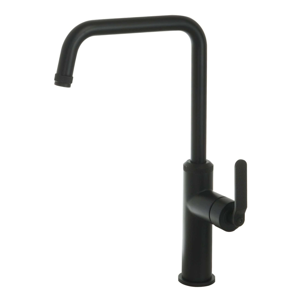Black modern kitchen or bathroom tap with a matte finish, single lever handle, and high-arc spout for versatile use. Suitable for contemporary bathroom or kitchen sink installations.
