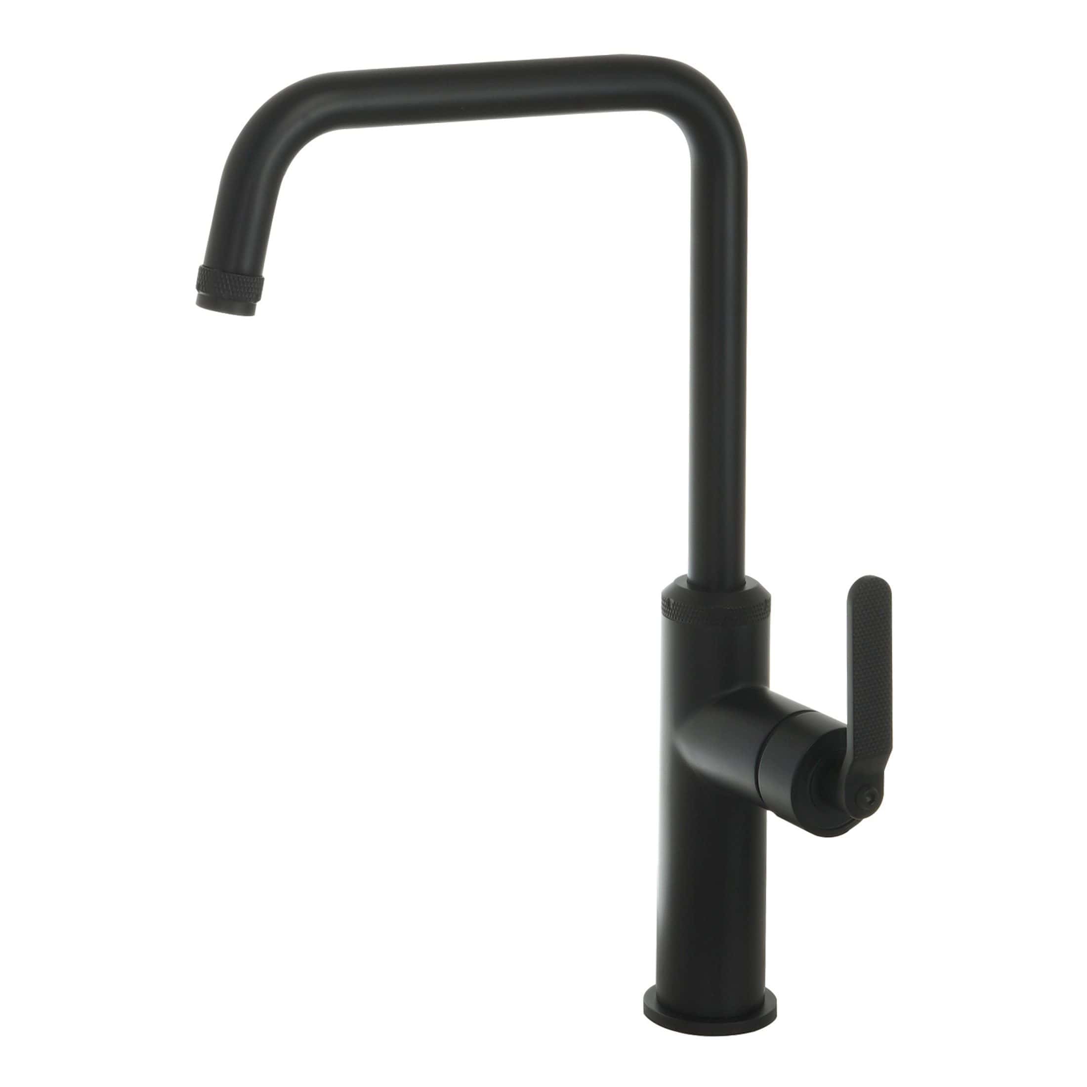 Black modern kitchen or bathroom tap with a matte finish, single lever handle, and high-arc spout for versatile use. Suitable for contemporary bathroom or kitchen sink installations.