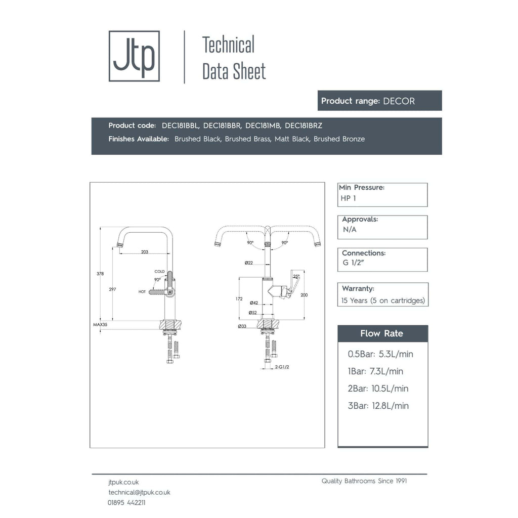 Modern black and chrome kitchen sink with dual faucets and high-arc spouts, suitable for contemporary kitchens. The image showcases detailed technical specifications, measurements, and installation features.