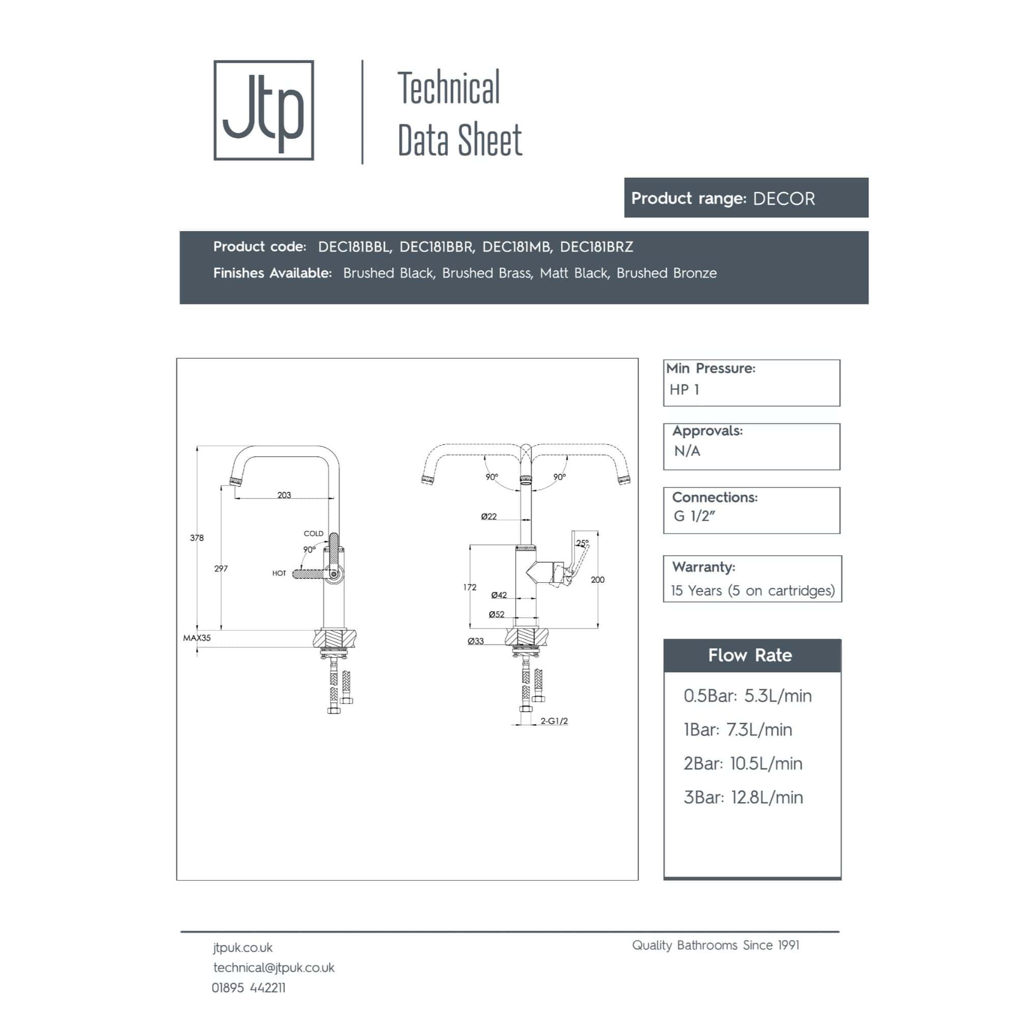 Modern black and chrome kitchen sink with dual faucets and high-arc spouts, suitable for contemporary kitchens. The image showcases detailed technical specifications, measurements, and installation features.