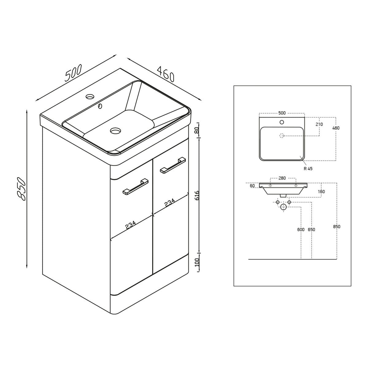 Scudo Rossini 500mm Floor standing Vanity Unit With Basin - technical drawing with dimensions