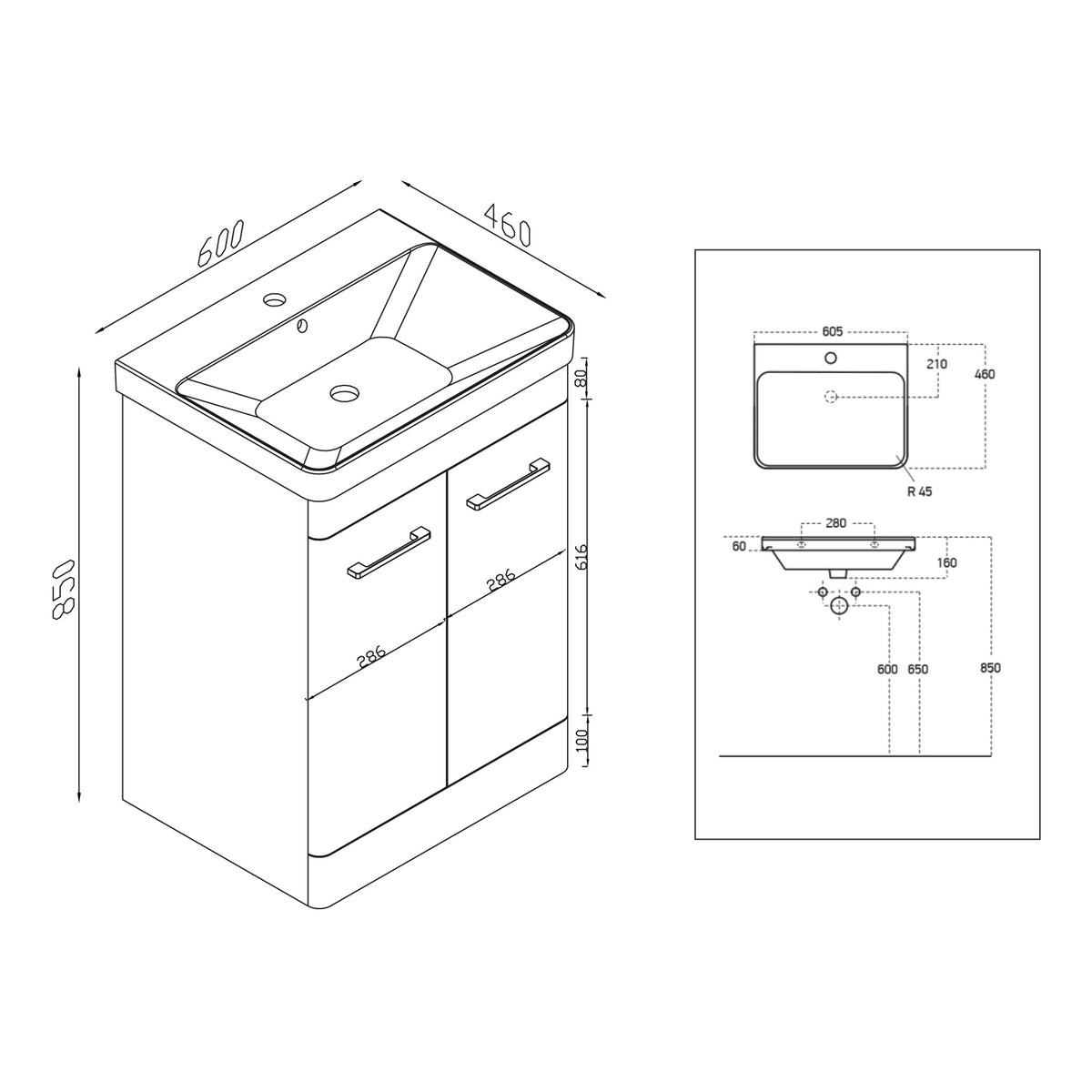 Scudo Ella 600mm Wall Hung Vanity Unit With Basin - technical drawing with dimensions