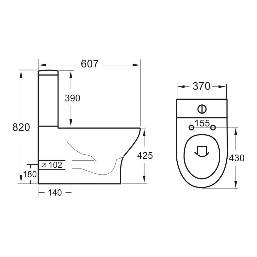 Scudo Deia Rimless Comfort Height Closed Back To Wall Toilet With Slim Soft Close Seat - White - technical drawing with dimensions