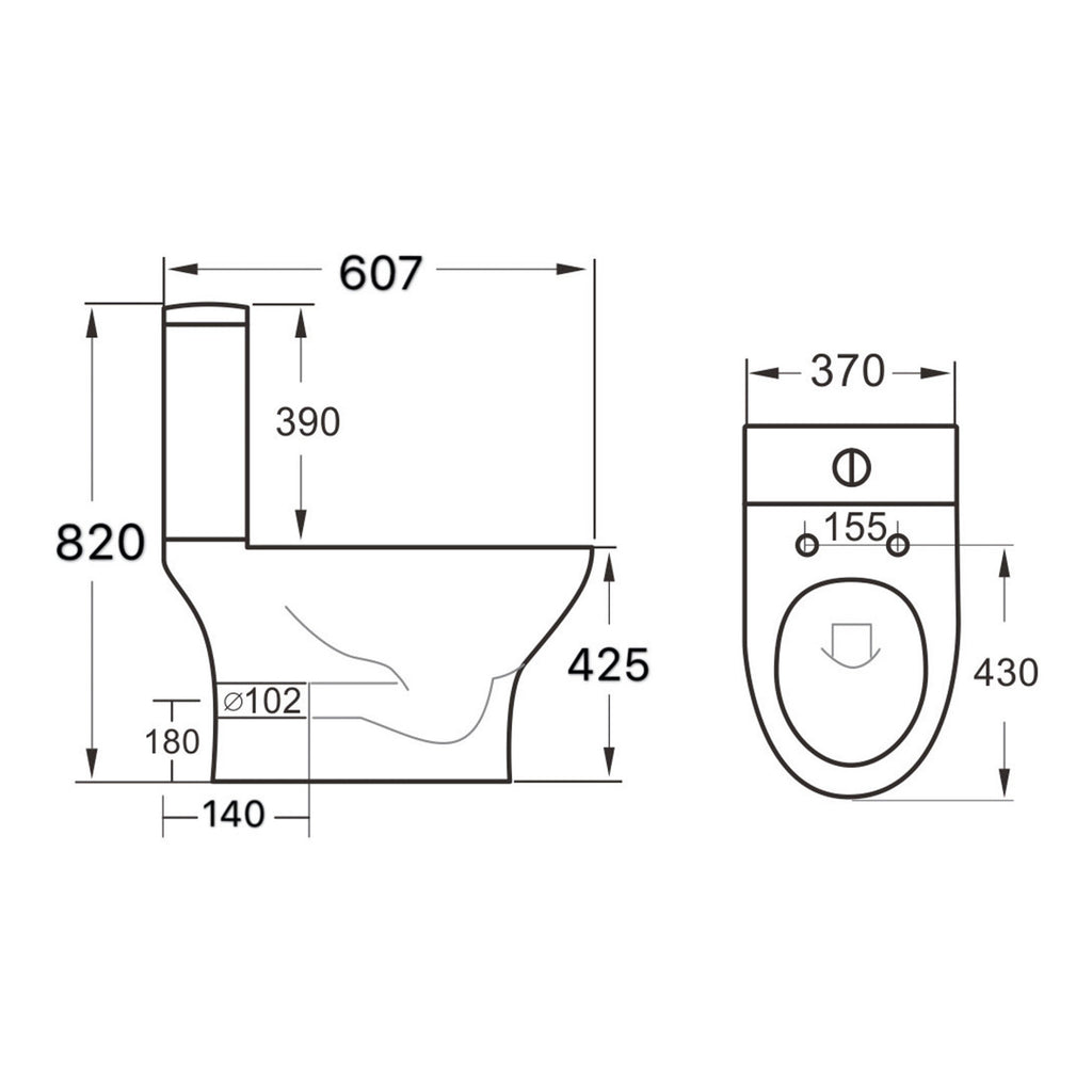 Scudo Deia Rimless Comfort Height Closed Back To Wall Toilet With Wrap Over Soft Close Seat - White - technical drawing with dimensions