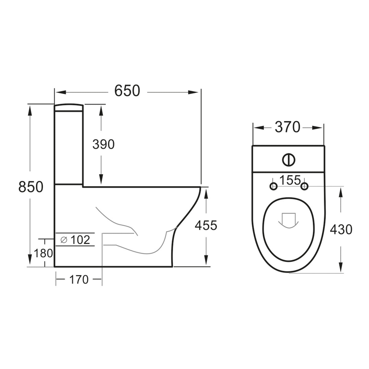 Scudo Deia Rimless Comfort Height Closed Back To Wall Toilet With Slim Soft Close Seat - White - technical drawing with dimensions