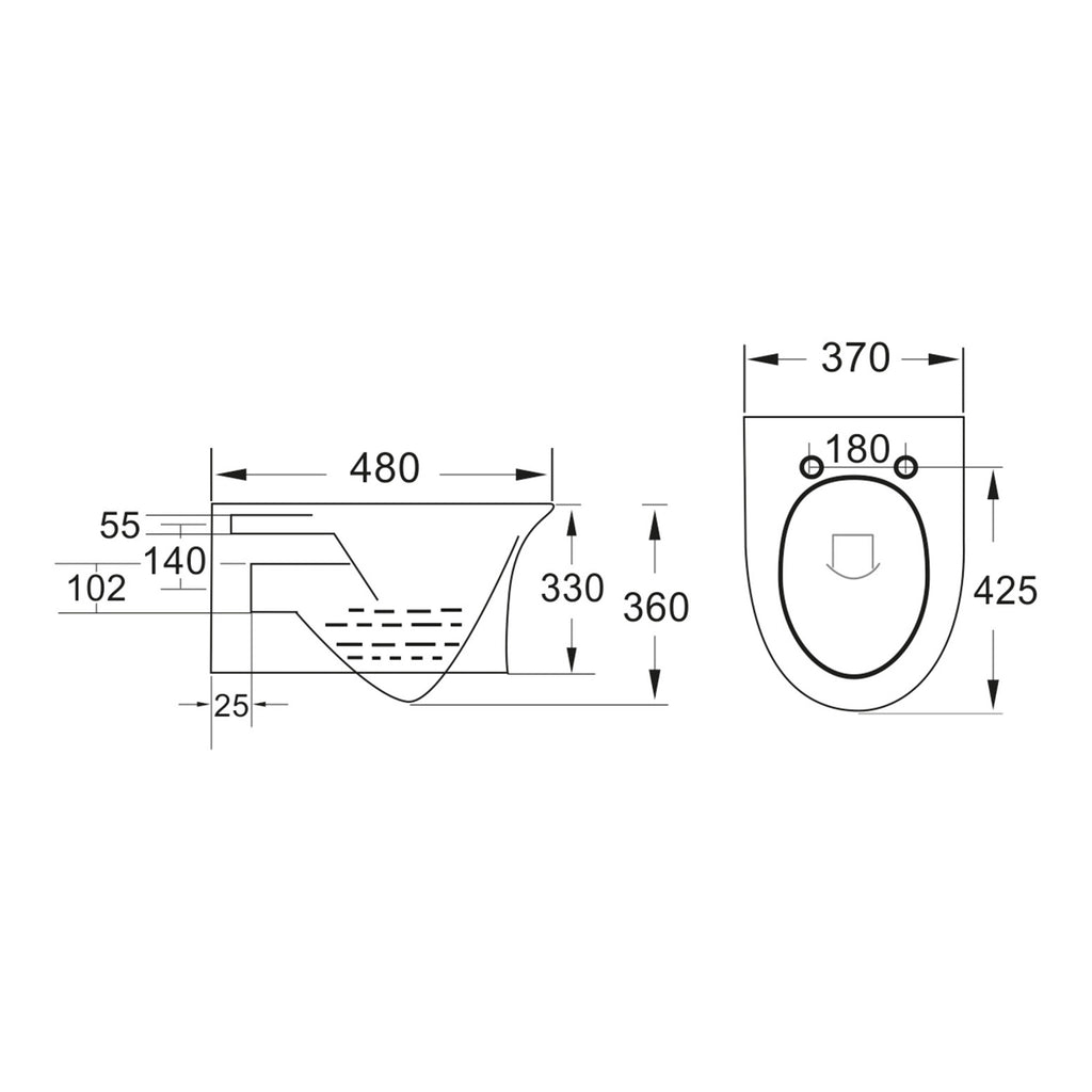 Scudo Deia Rimless Wall Hung Toilet With Wrap Over Soft Close Seat - White - technical drawing with dimensions