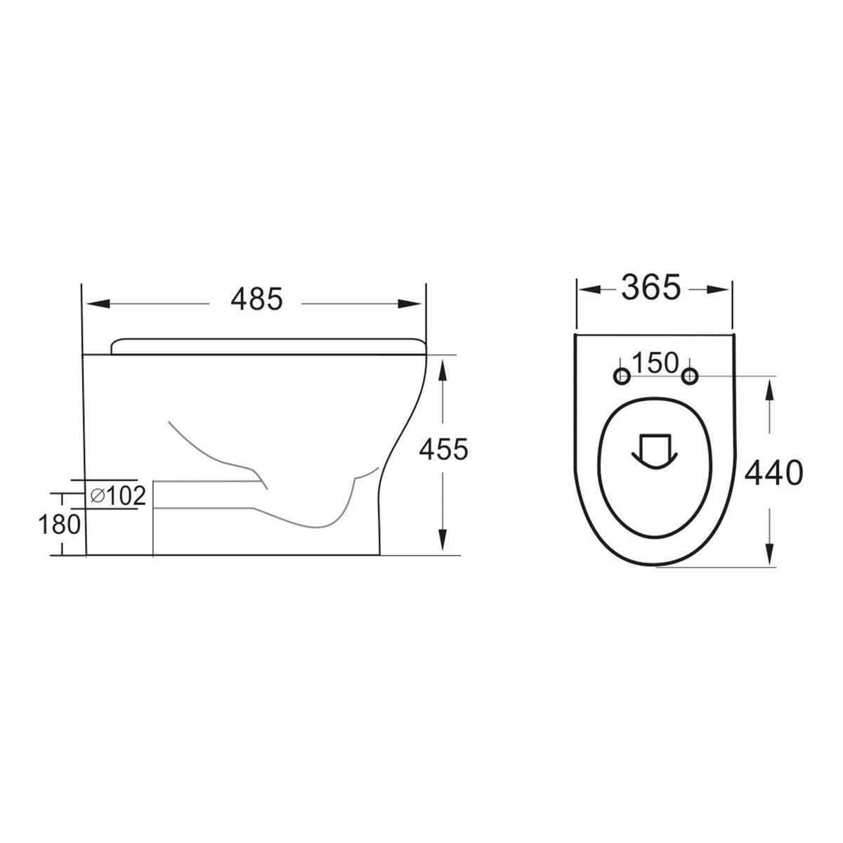 Scudo Deia Rimless Comfort Height Back To Wall Toilet With Wrap Over Soft Close Seat - White - technical drawing with dimensions