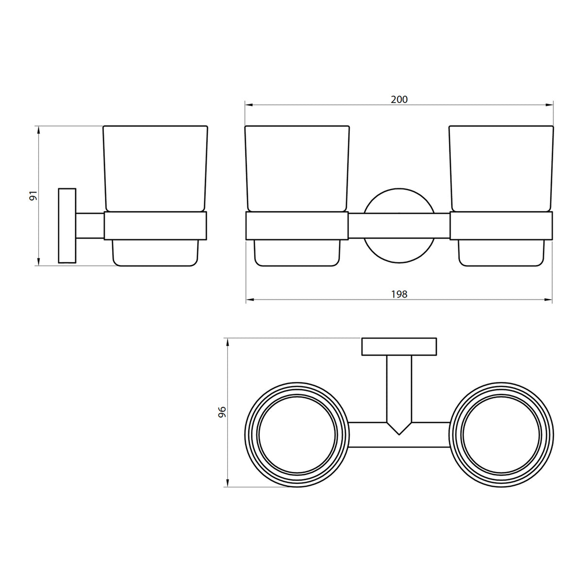 Scudo Delta Double Tumbler - Chrome - technical drawing with dimensions