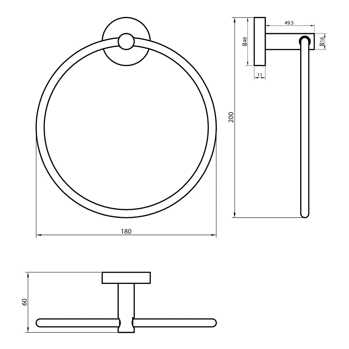 Scudo Delta Towel Ring - Chrome - technical drawing with dimensions