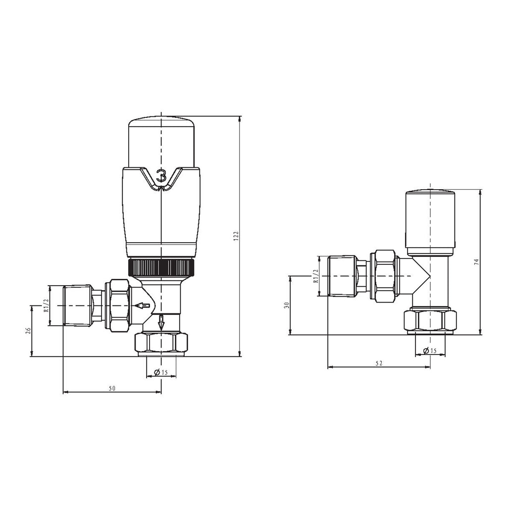 Scudo Designer Angled Radiator Valves Pair - Chrome - technical drawing with dimensions