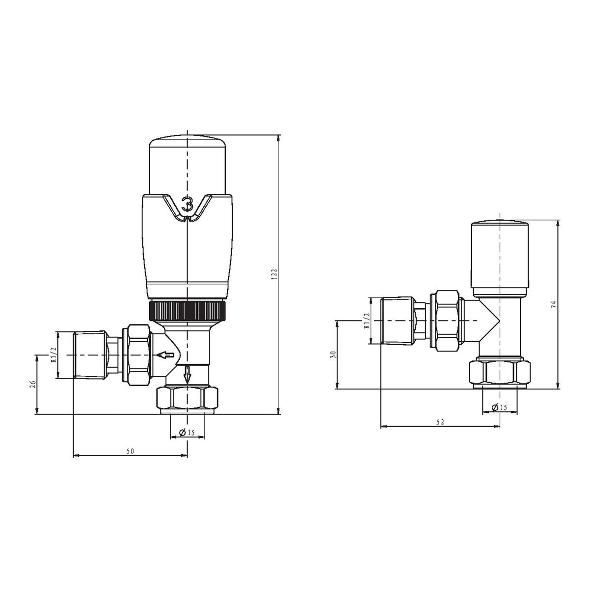 Scudo Designer Angled Radiator Valves Pair - Chrome - technical drawing with dimensions