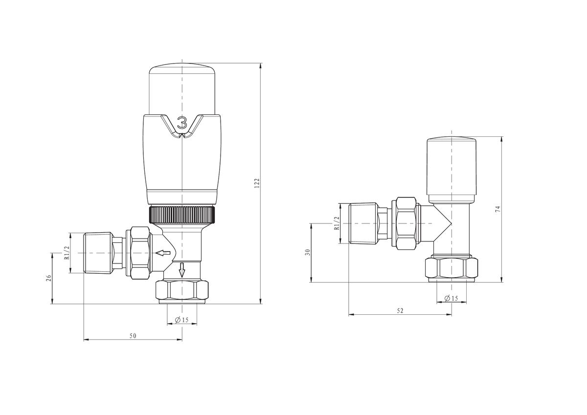 Scudo Designer Angled Radiator Valves Pair - Chrome - technical drawing with dimensions