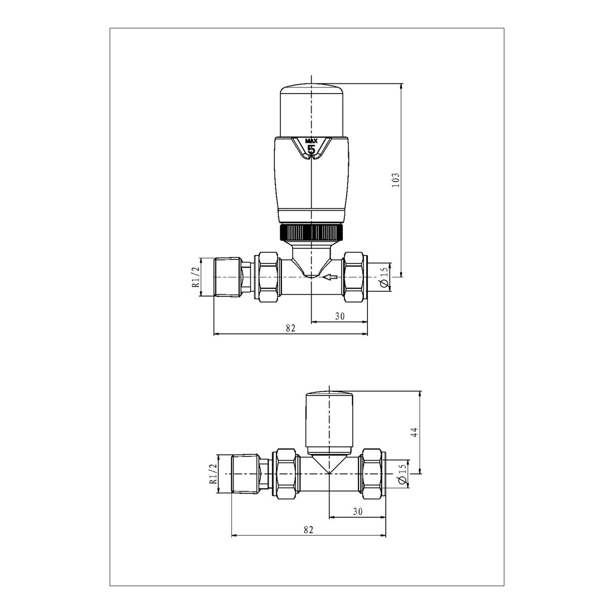 Scudo Designer Straight Radiator Valves Pair - Chrome - technical drawing with dimensions