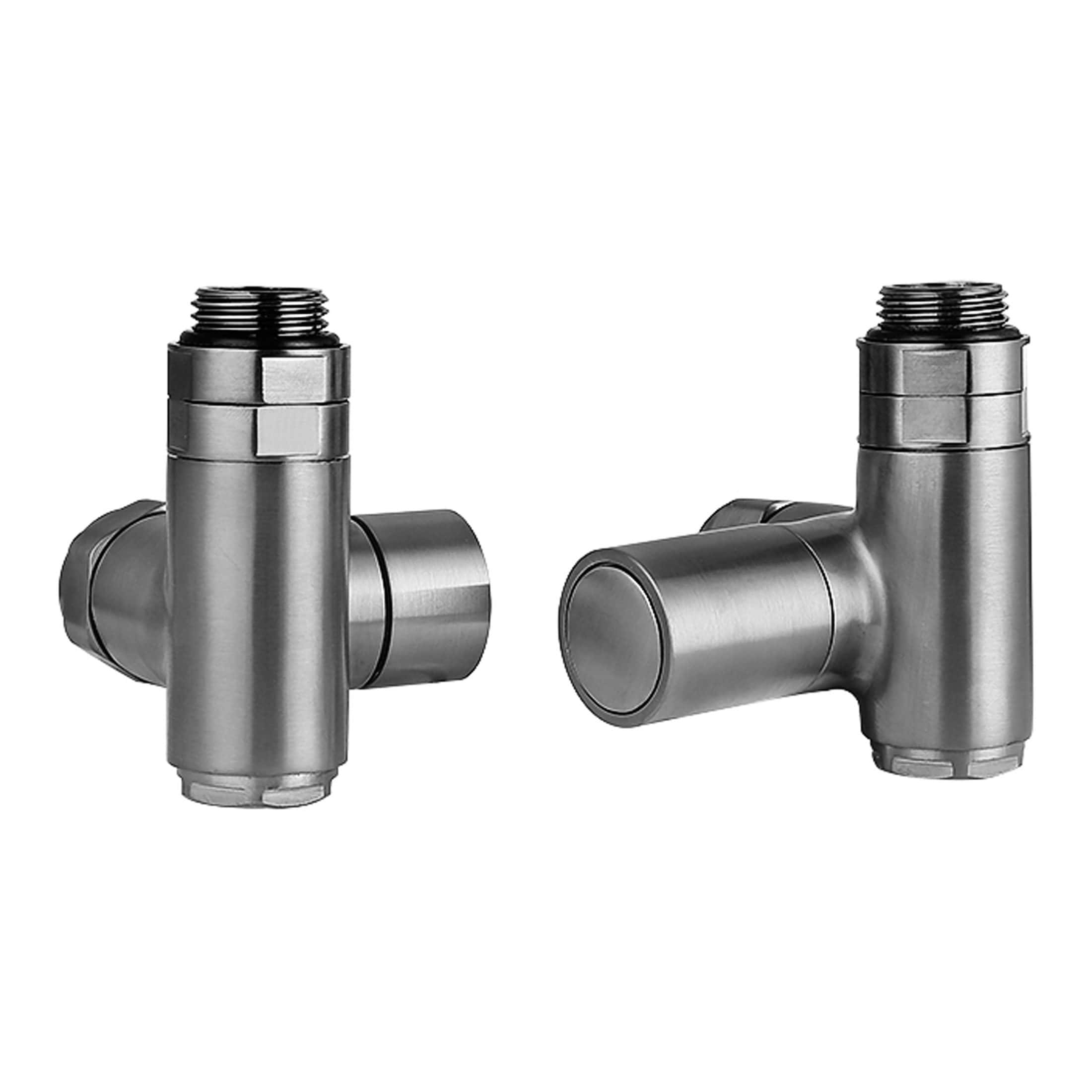 Brushed stainless steel bathroom radiator valves with modern design, perfect for upgrading bathroom heating systems for a sleek, contemporary look.
