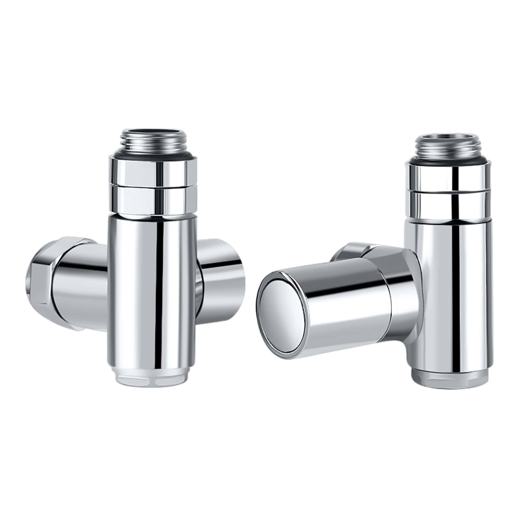 Polished chrome bathroom radiator valves, contemporary design, easy to install, suitable for modern heated towel rails, durable and corrosion-resistant.