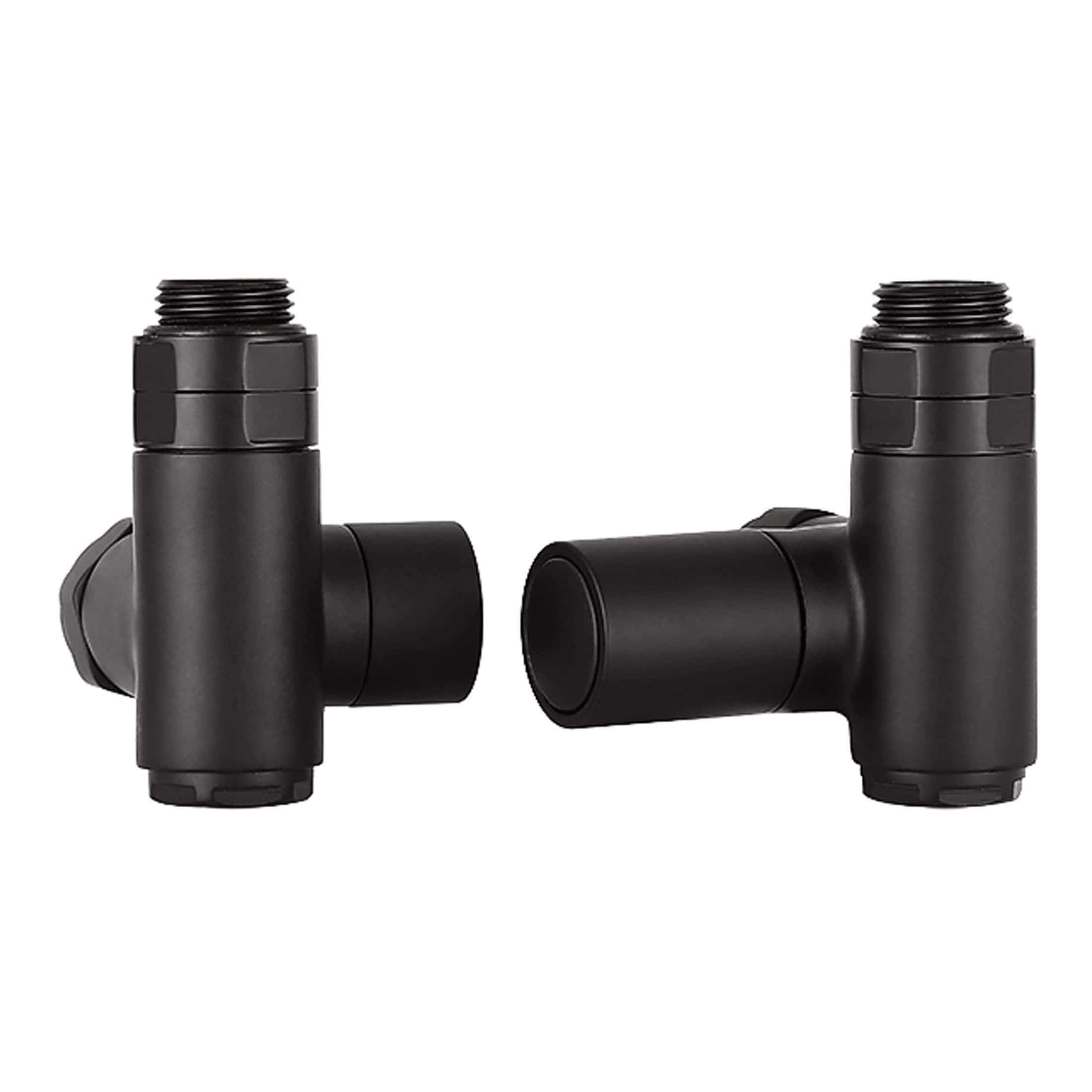 Black radiator valves for bathroom heating systems, designed for easy control and durability. Perfect for modern bathroom radiator configurations, offering style and functionality.