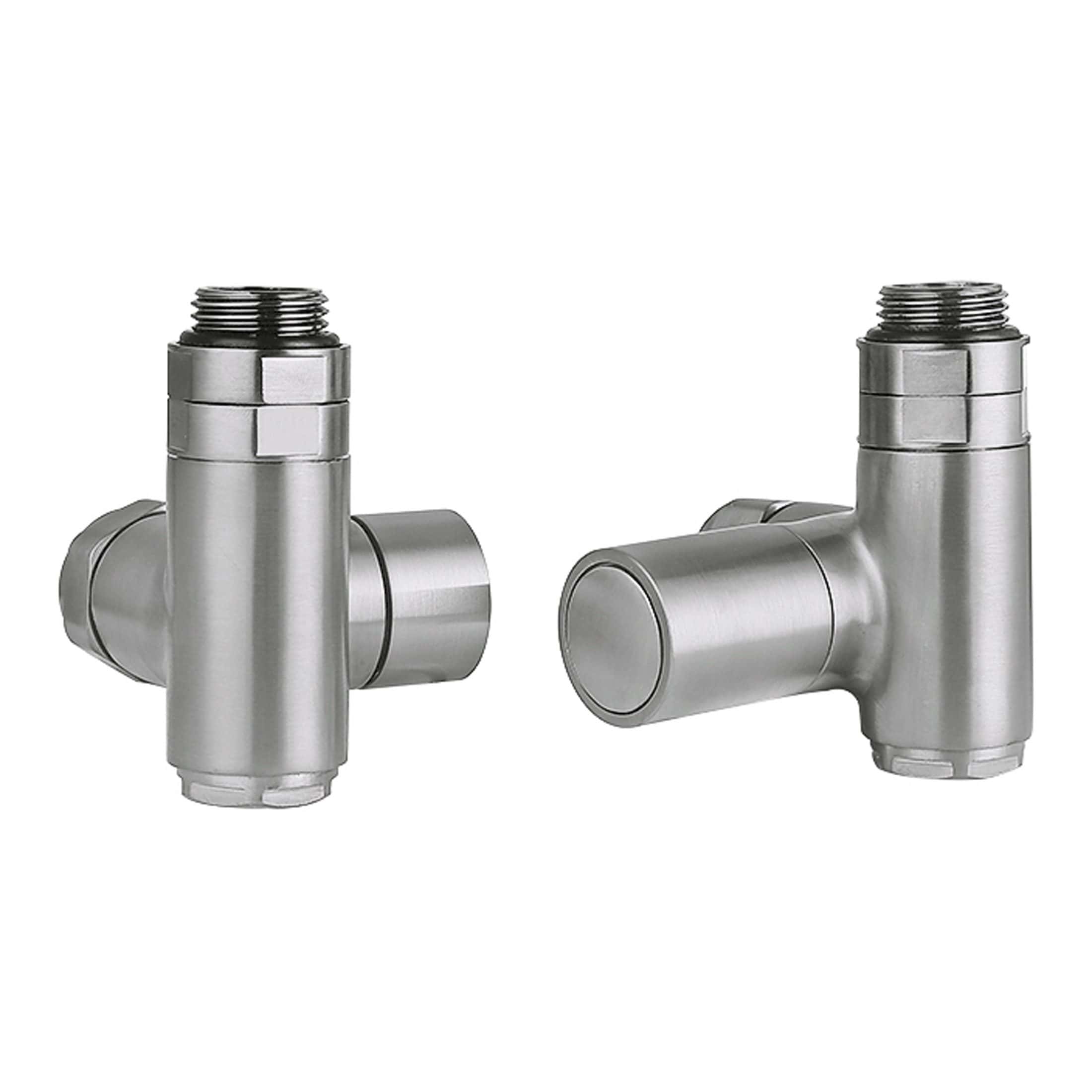 Metallic bathroom radiator valves for Bubly Bathrooms, featuring a sleek modern design for efficient water control and valve fittings. Perfect for contemporary bathroom installations.