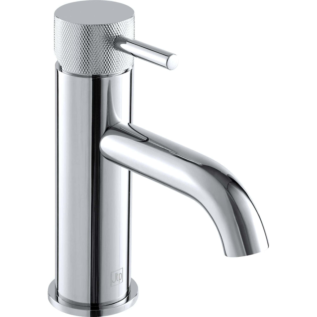 Shiny chrome bathroom tap with modern cylindrical design and textured handle, ideal for stylish bathroom upgrades or kitchen sinks.