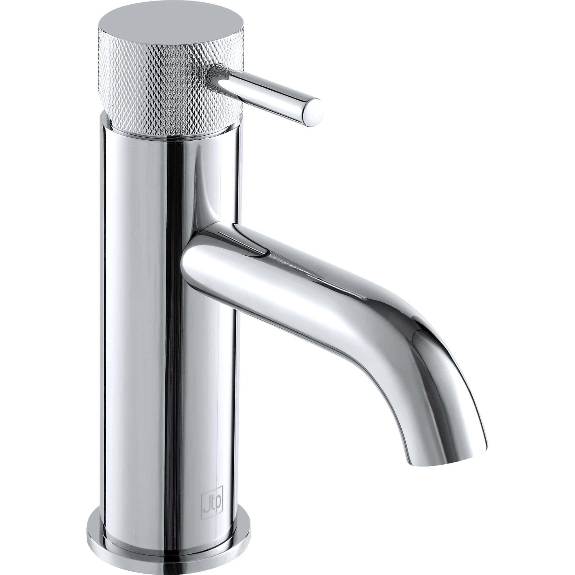 Shiny chrome bathroom tap with modern cylindrical design and textured handle, ideal for stylish bathroom upgrades or kitchen sinks.