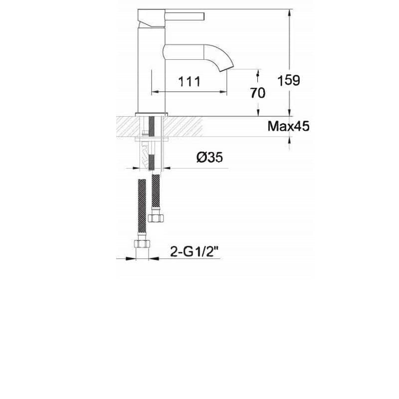 High-quality technical drawing of a bathroom tap with precise measurements for installation, showcasing durability and modern design, ideal for contemporary bathroom renovations and plumbing projects.