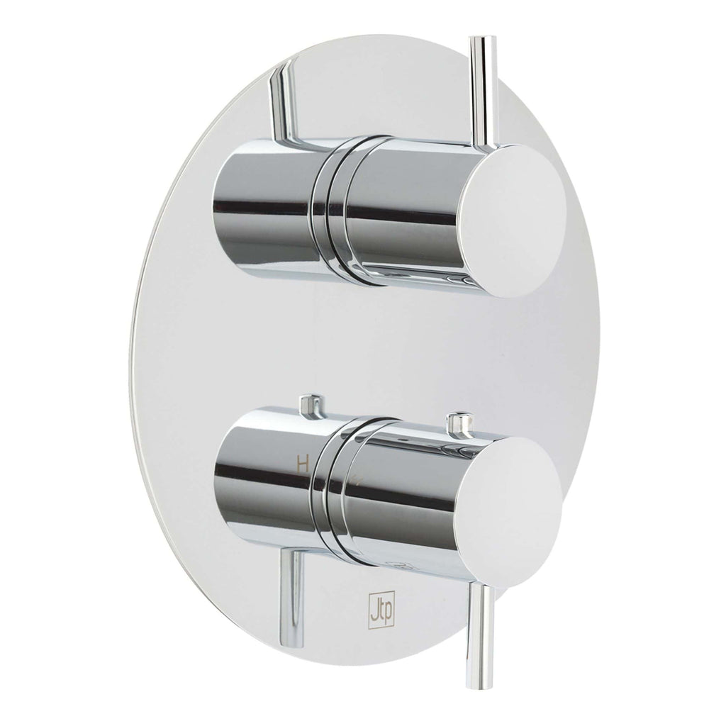 Shower thermostatic control valve with chrome finish, wall-mounted bathroom fixture for precise temperature regulation. Ideal for modern Bubly Bathrooms installations.
