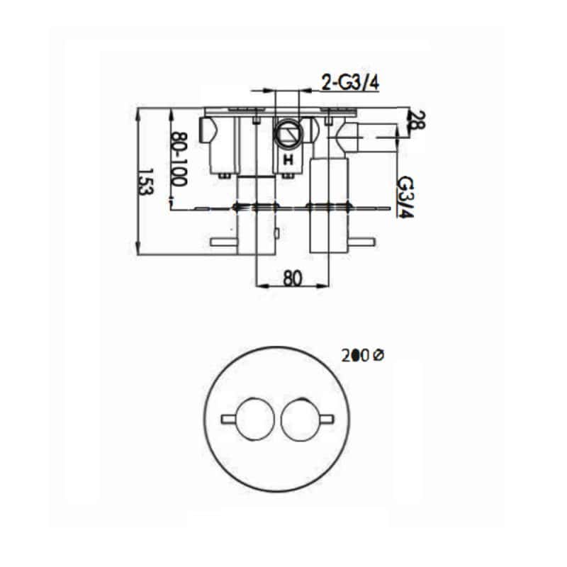 High-quality bathroom plumbing component technical drawing with precise measurements for installation, ideal for modern bathroom refurbishment projects.
