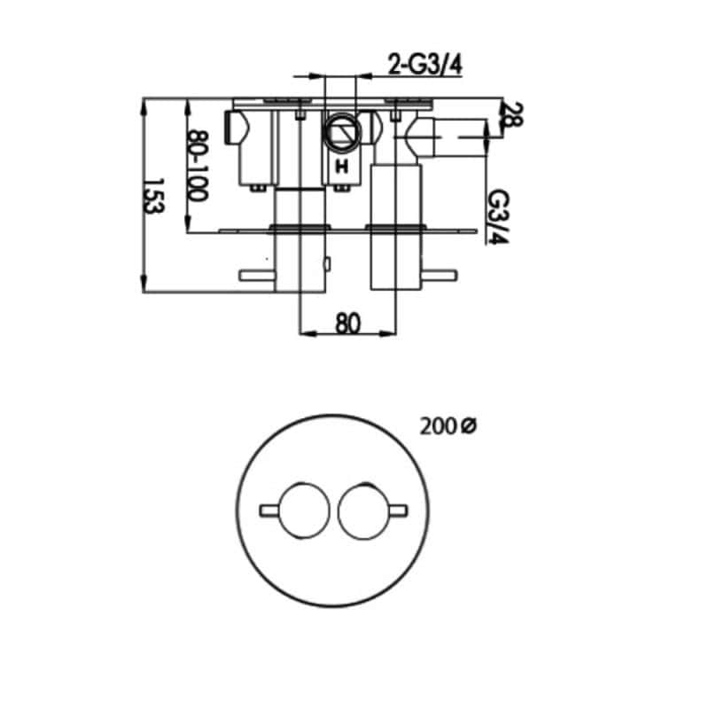 High-quality bathroom plumbing component technical drawing with detailed measurements and specifications for precise installation.