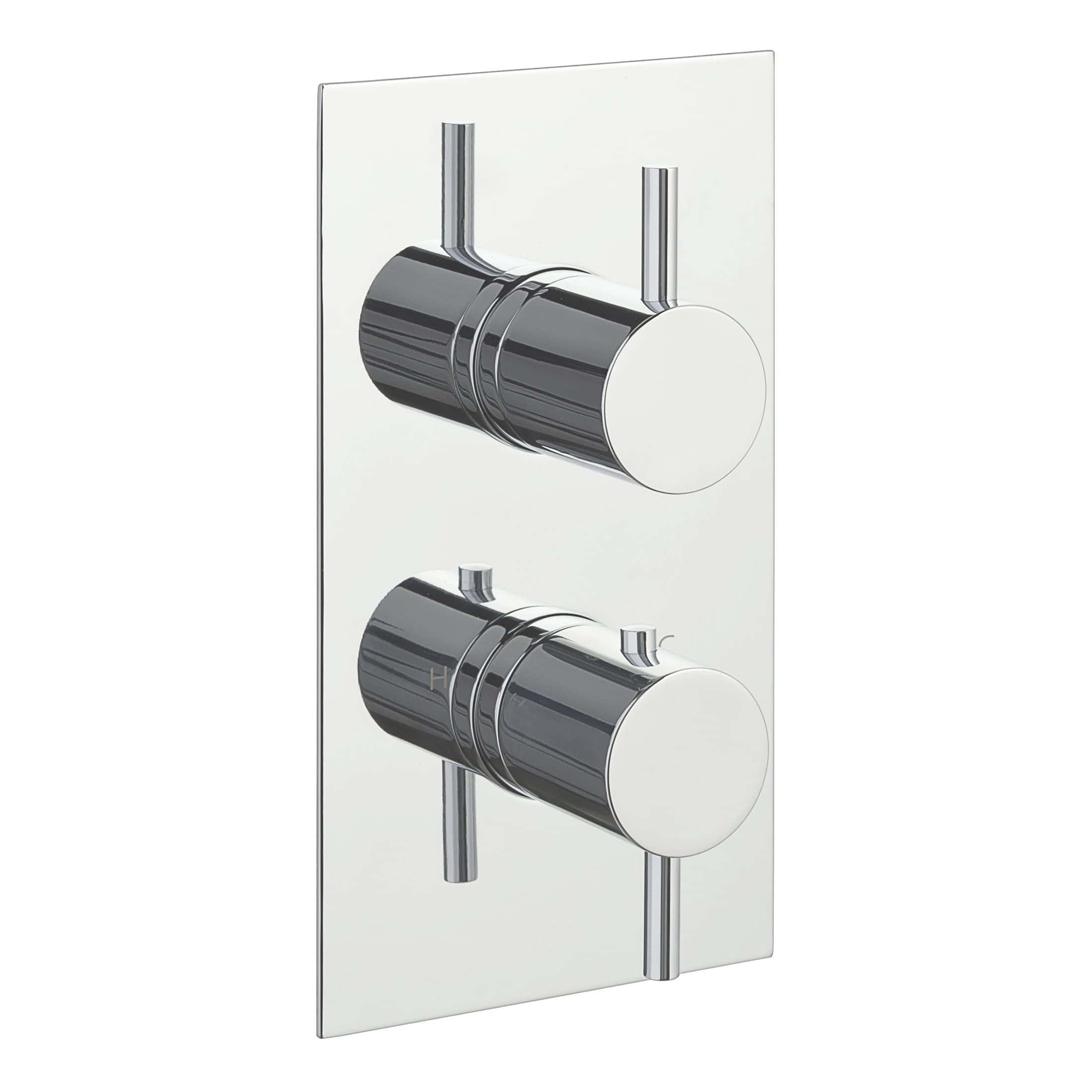Sleek chrome bathroom mixer valves for modern Bubly bathrooms, featuring dual control dials for precise temperature and water flow adjustment. Durable and stylish plumbing fixtures.